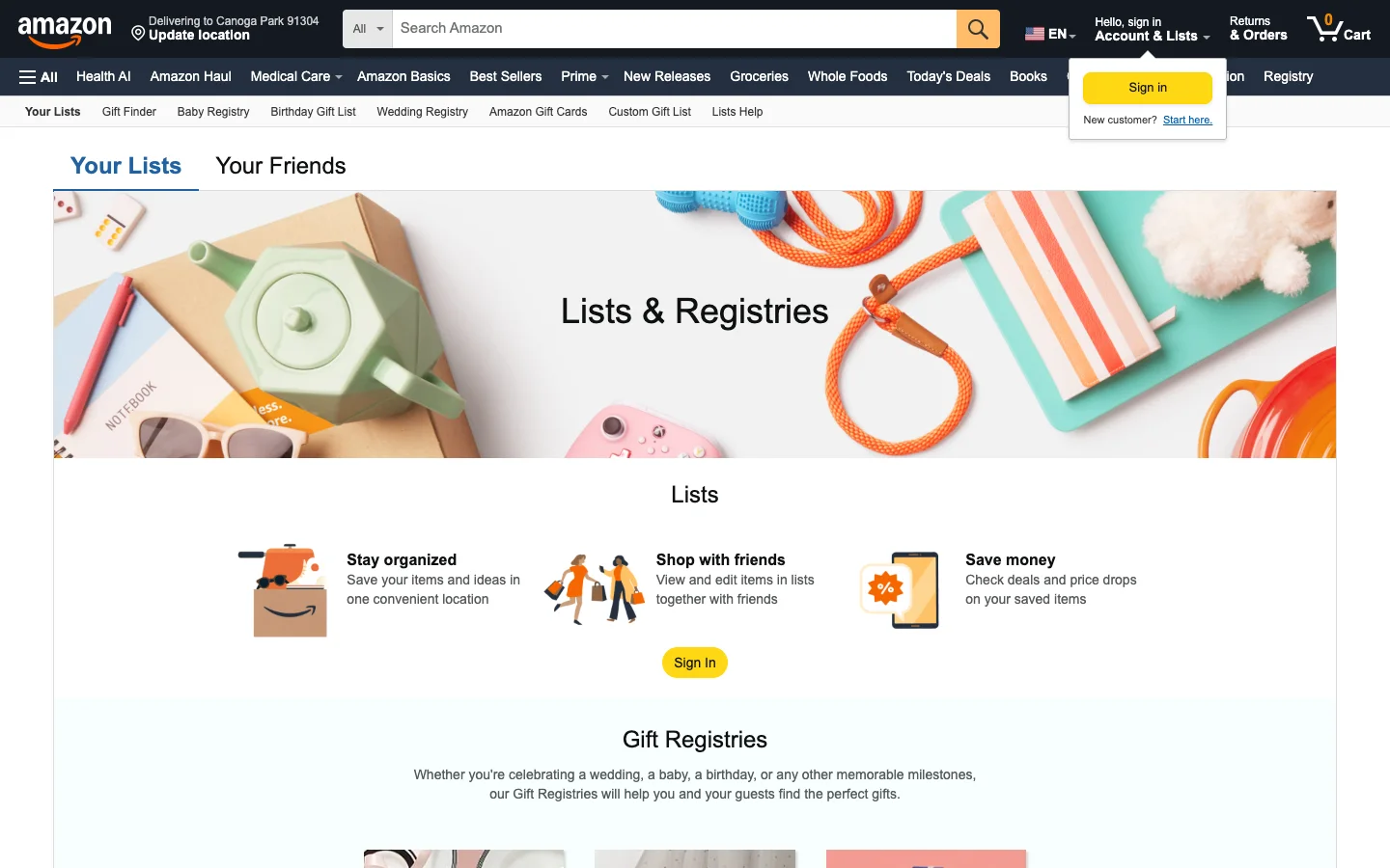 Amazon Lists and Registries page — stay organized, shop with friends, save money