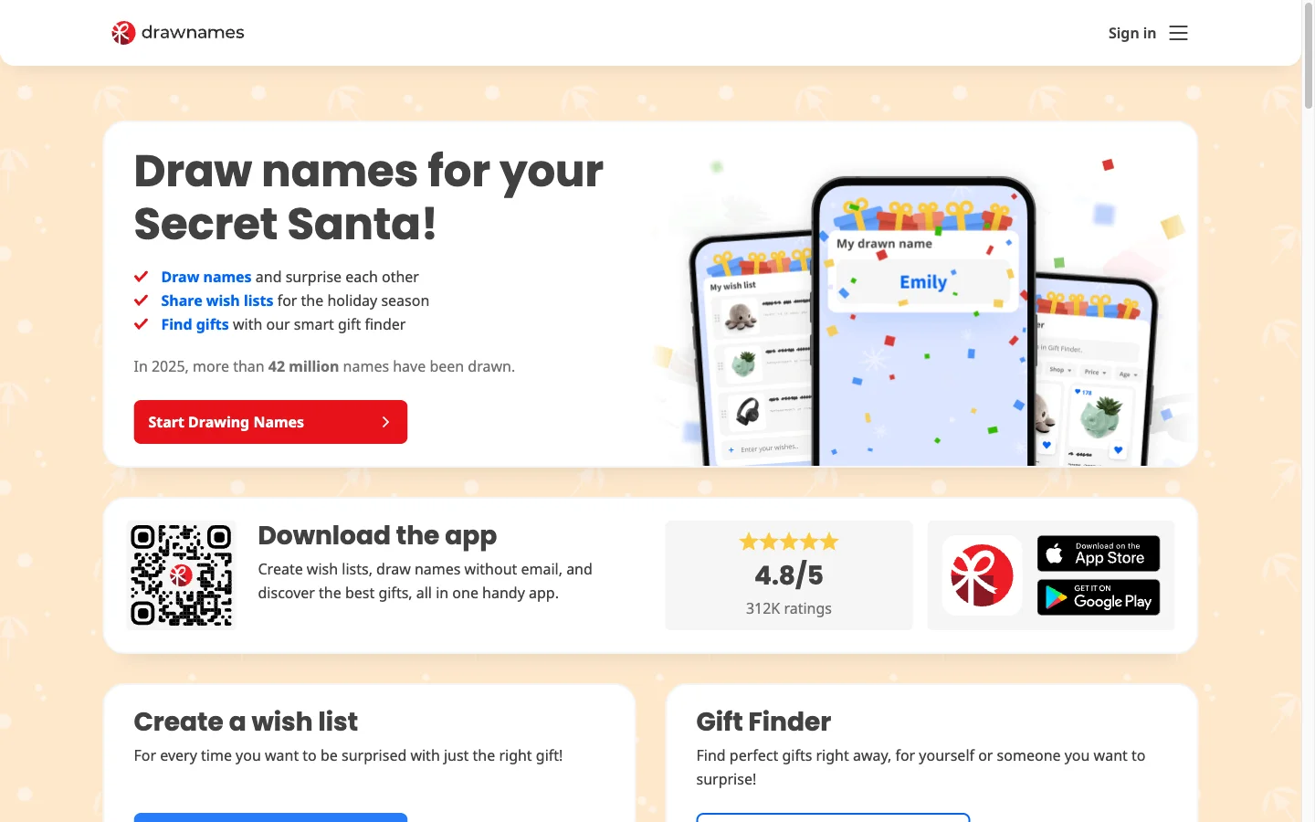 DrawNames homepage — draw names for your Secret Santa, share wish lists, find gifts