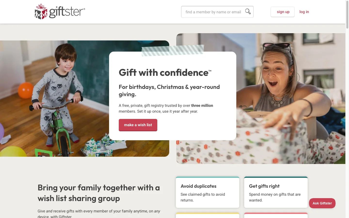 Giftster homepage — gift with confidence, a free private gift registry for families