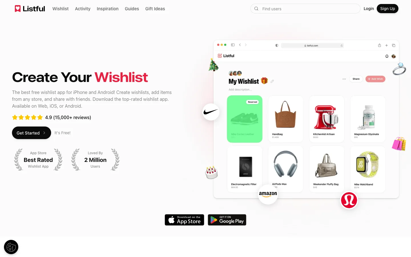 Listful wishlist app page — create your wishlist, best rated, 2 million users