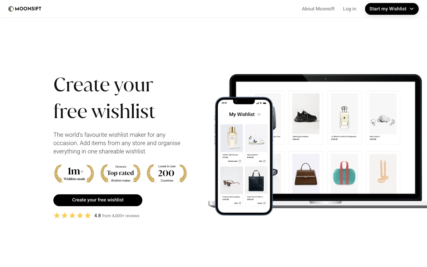 Moonsift wishlist maker page — create your free wishlist, add items from any store