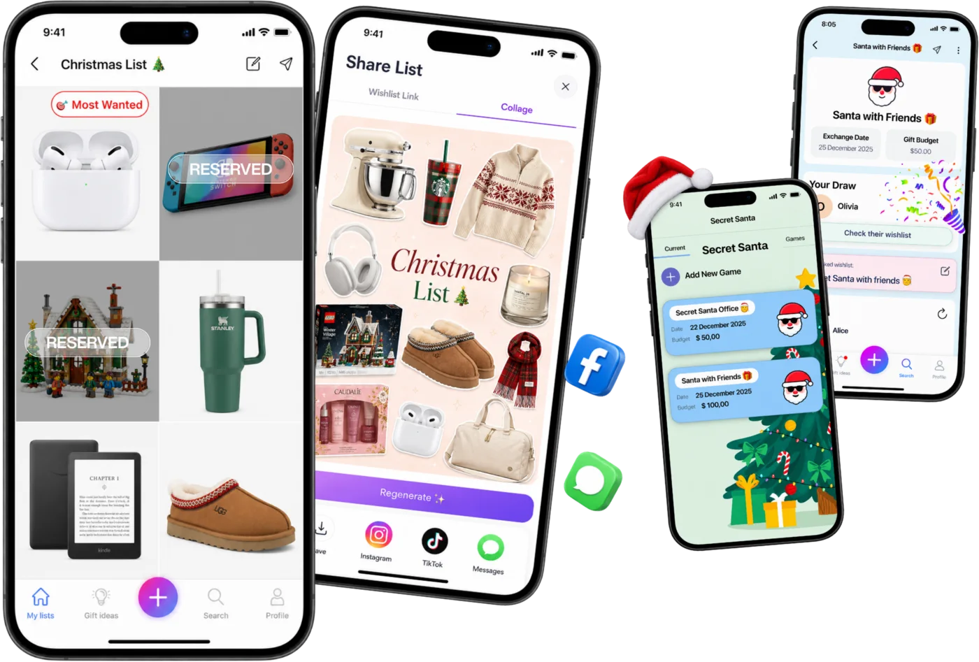 A Christmas list made online in WishDeck with product links, prices and a shareable collage