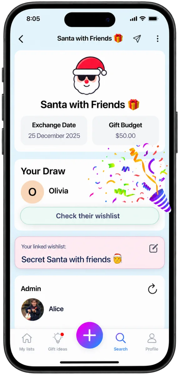 WishDeck Secret Santa game — exchange date, $50 gift budget, your draw Olivia, check their wishlist