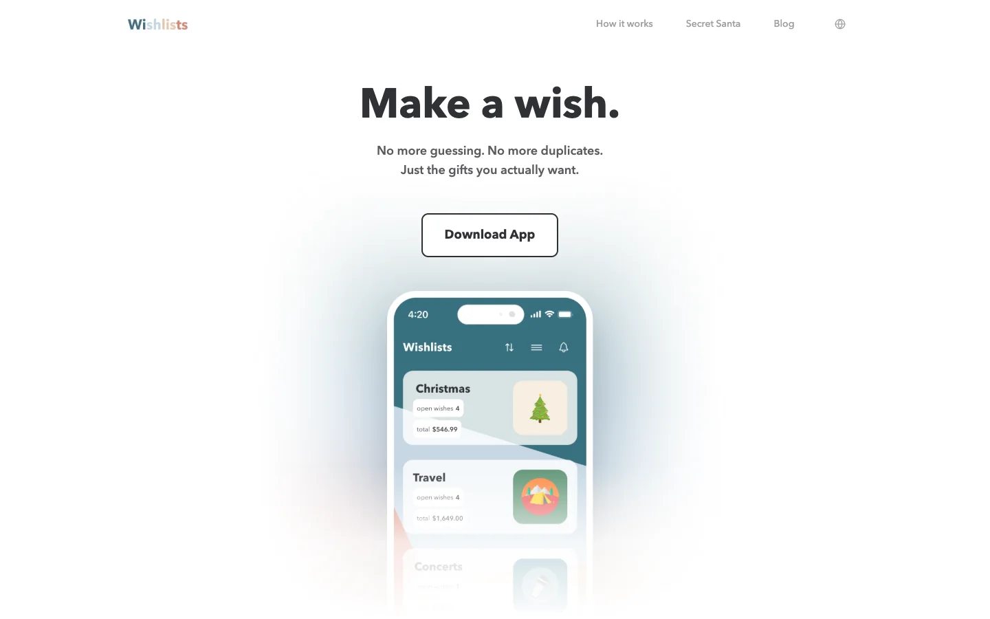 Wishlists app homepage — make a wish, no more guessing, no more duplicates
