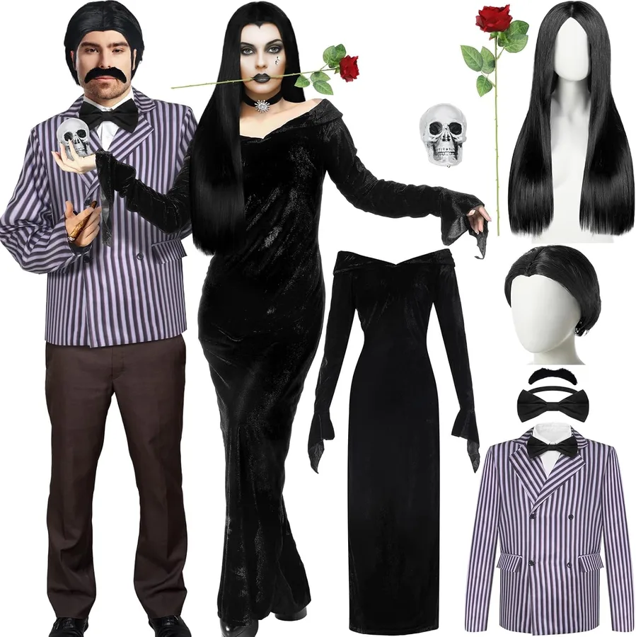7. Xtinmee 8-Piece Gothic Couples Set (Gomez and Morticia Look)