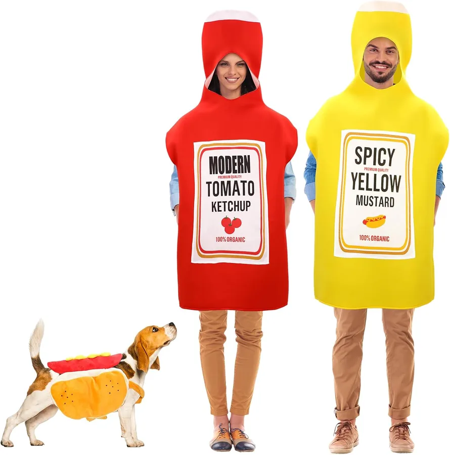 11. Newcotte Ketchup and Mustard Couples Costume with Hot Dog Pet Outfit