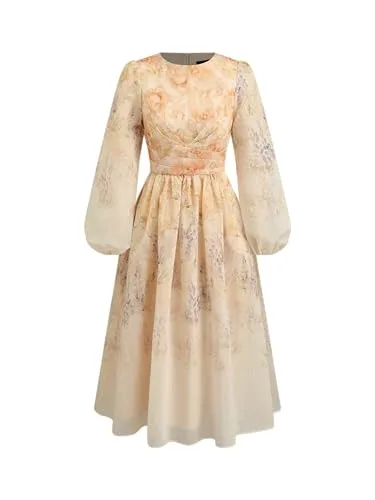 Cider Pleated Long-Sleeve Tea Dress