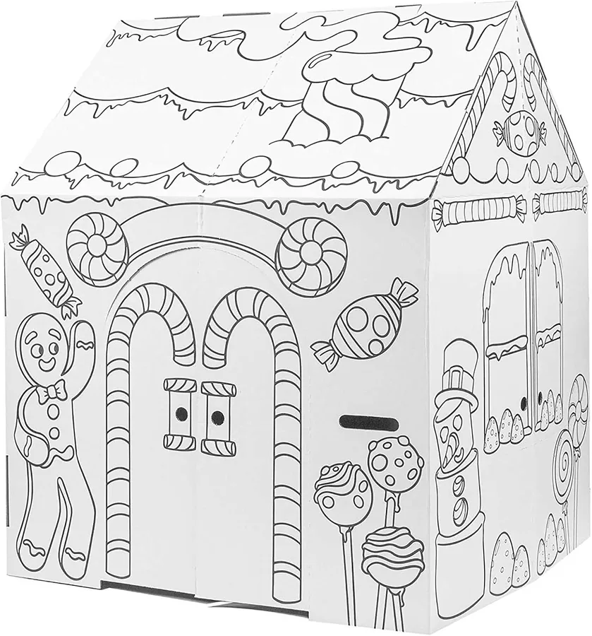 14. Easy Playhouse Cardboard Gingerbread House (Kid-Size Color-In Fort)