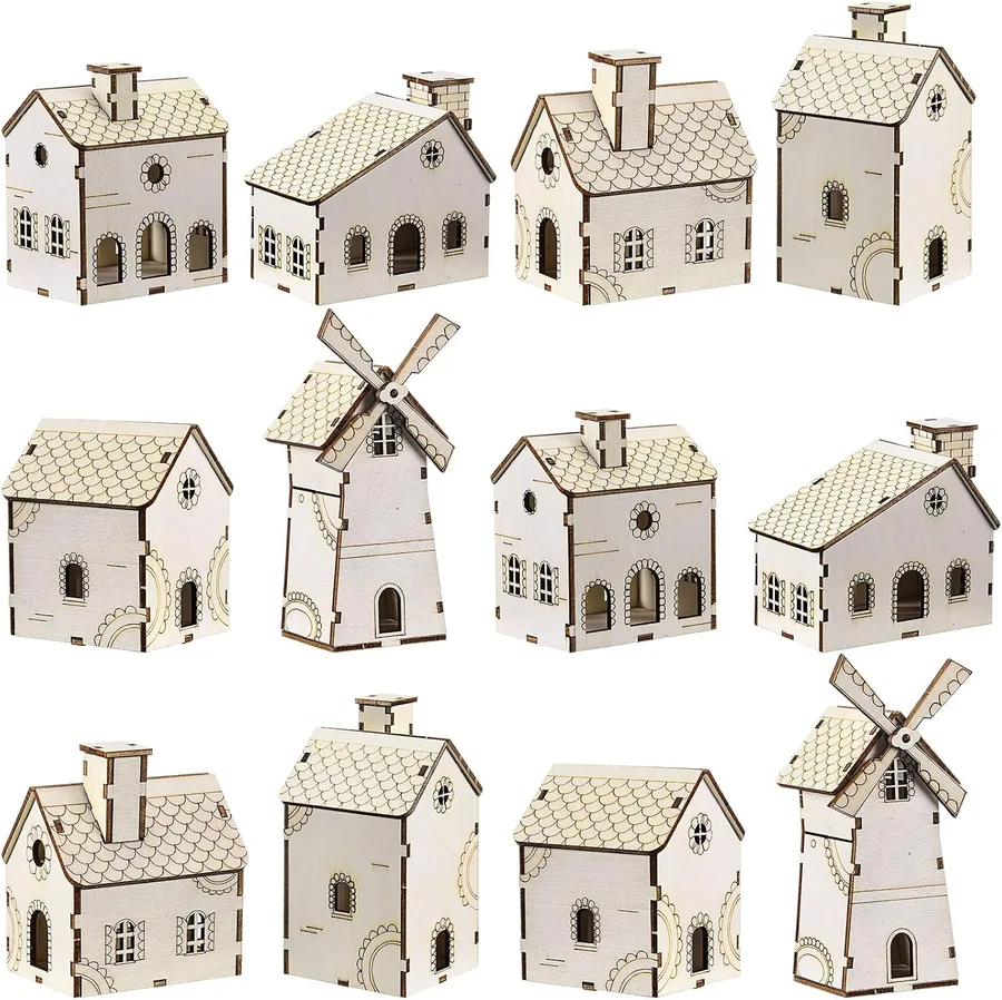 10. Hiboom DIY Wooden Gingerbread Village Houses (12-Pack)