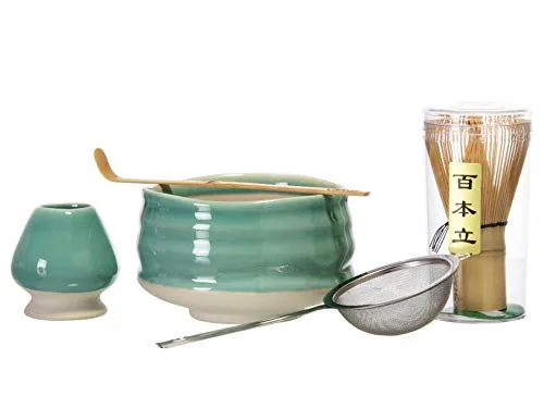 15. Giftology Horizon Ceramic Matcha Set (Bowl, 100‑prong Chasen, Scoop & Sifter)