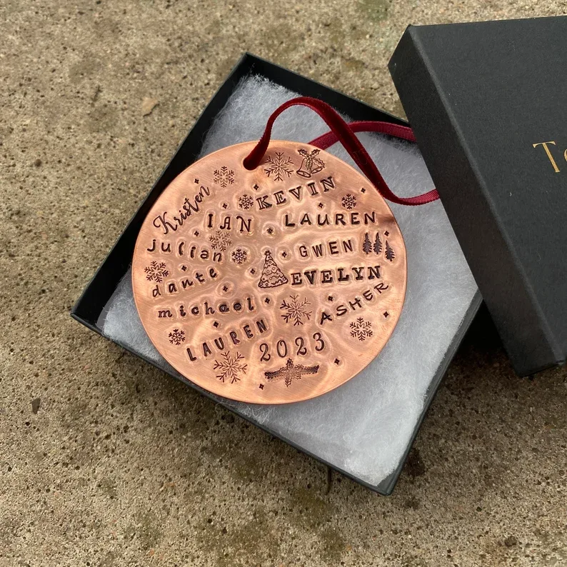 Hand-Stamped Copper Family Names Ornament (U