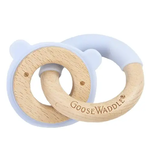 8. GooseWaddle Blue Bear Wood + Silicone Double Teether