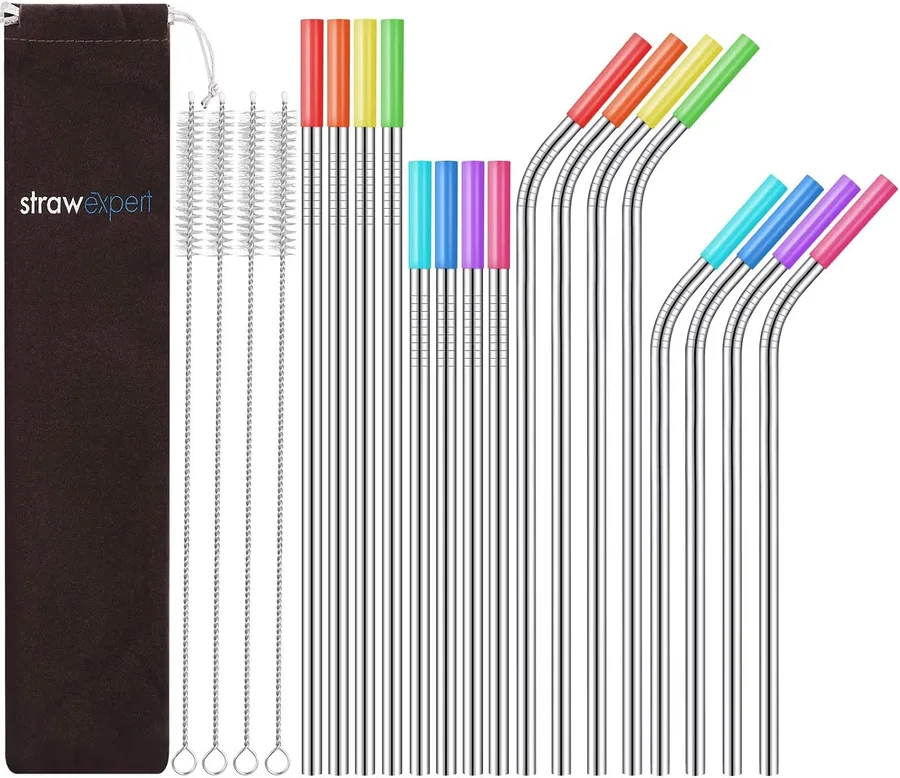18. StrawExpert Reusable Stainless Steel Straws (16-Piece Set with Travel Case)