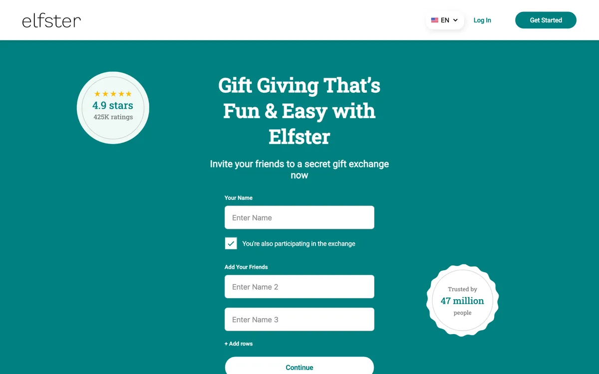 Elfster homepage in September 2026 with the Secret Santa exchange sign-up form