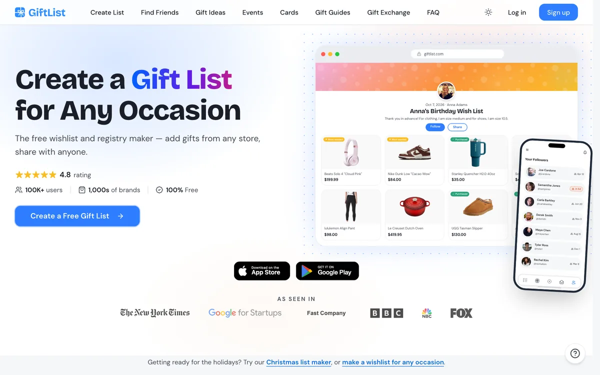 GiftList homepage in September 2026 showing a birthday wish list with most-wanted and purchased items
