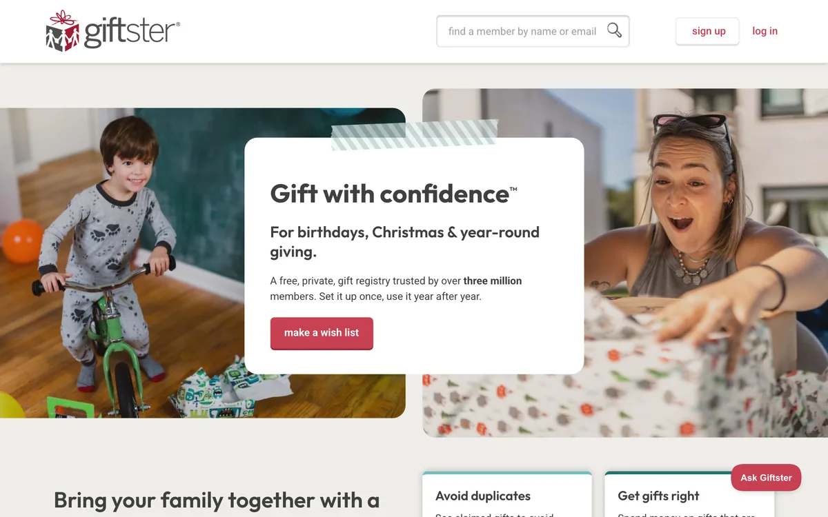 Giftster homepage in September 2026: Gift with confidence, a free private gift registry for families