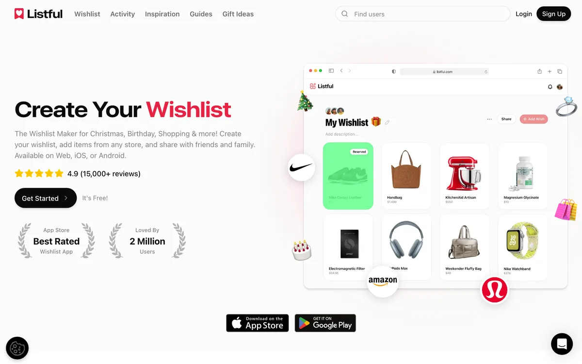 Listful homepage in September 2026 showing a styled wishlist with themed designs