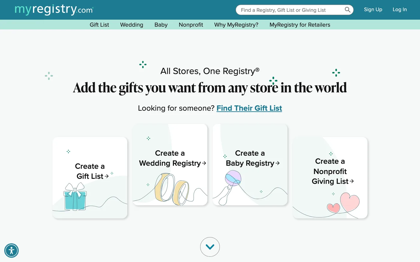 MyRegistry homepage in September 2026: All Stores, One Registry, add the gifts you want from any store in the world