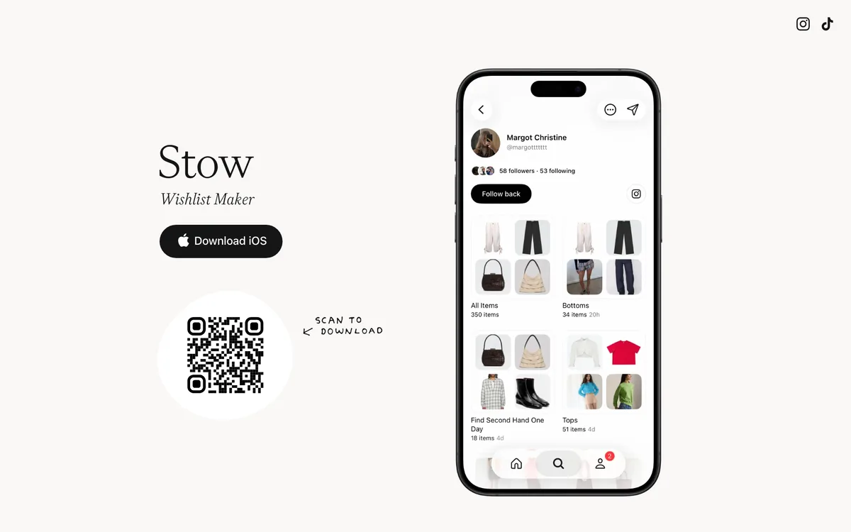 Stow wishlist maker website in September 2026 with an iPhone showing a fashion wishlist