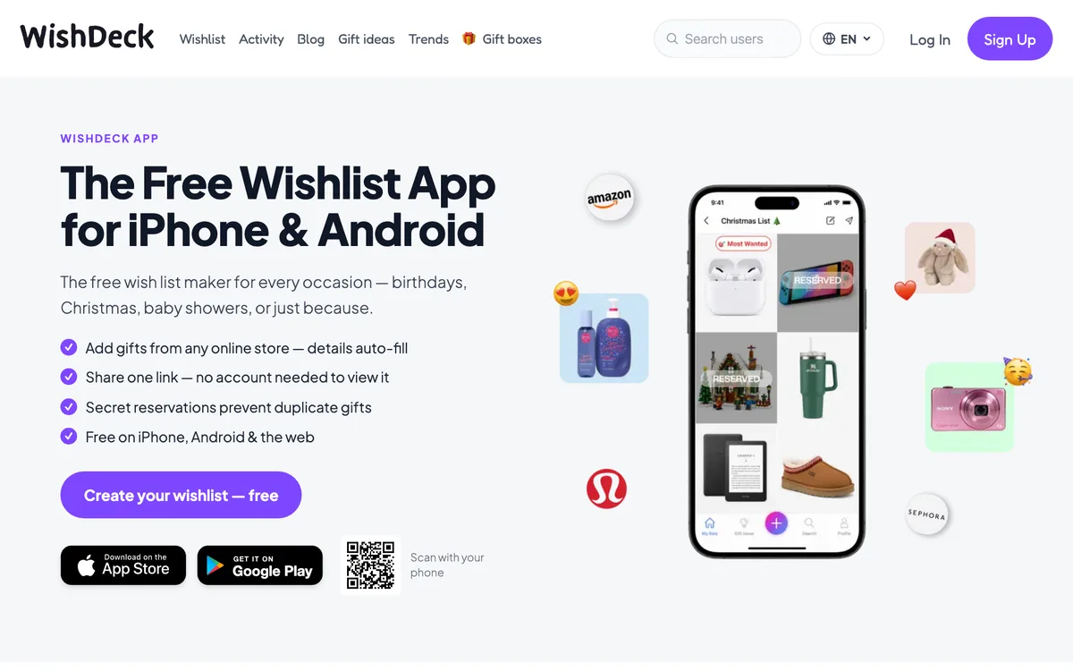 WishDeck wishlist app page in September 2026 showing a Christmas list with reserved gifts on iPhone