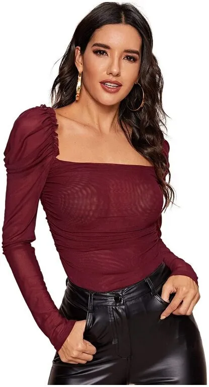 21. Floerns Sheer Mesh Puff-Sleeve Blouse