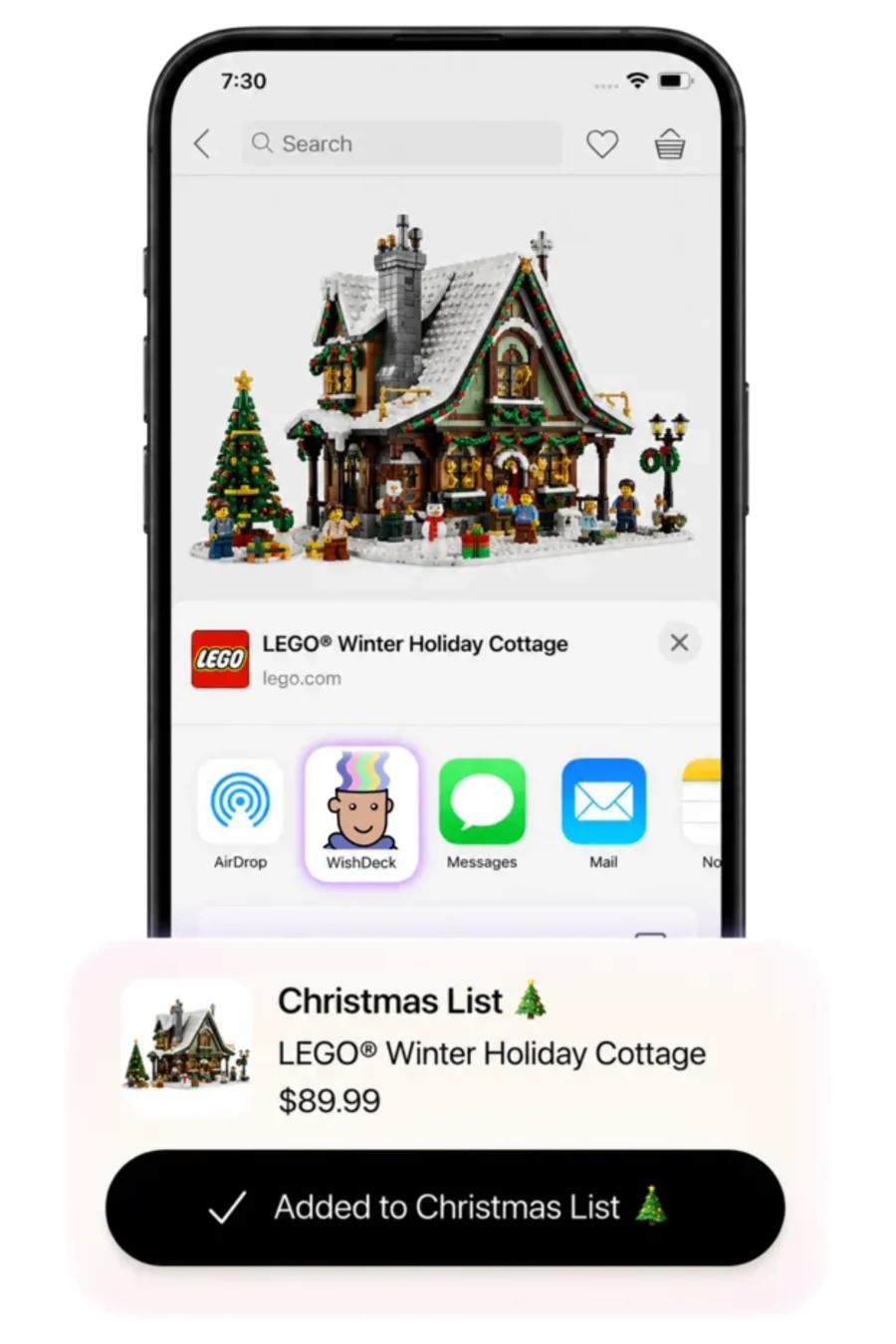 Adding a LEGO set from a store page to a Christmas wishlist on WishDeck through the iPhone share sheet