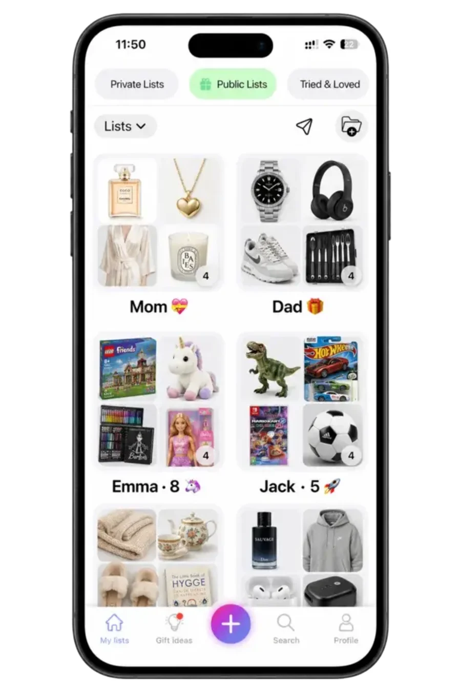 WishDeck My lists screen with Private Lists, Public Lists and Tried & Loved tabs and separate lists for Mom, Dad, Emma and Jack