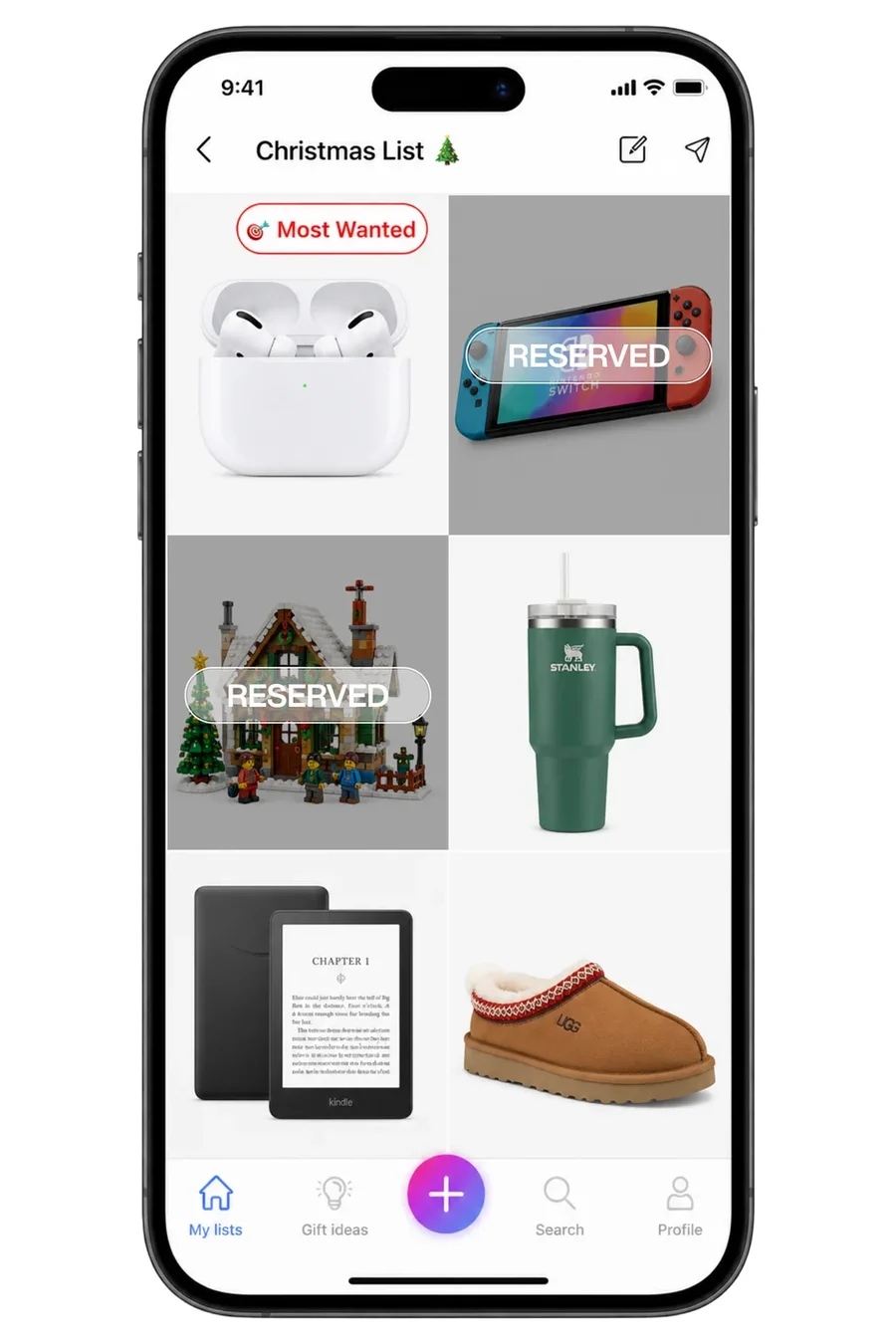 A WishDeck Christmas list with a Most Wanted badge on AirPods and two gifts marked Reserved by family