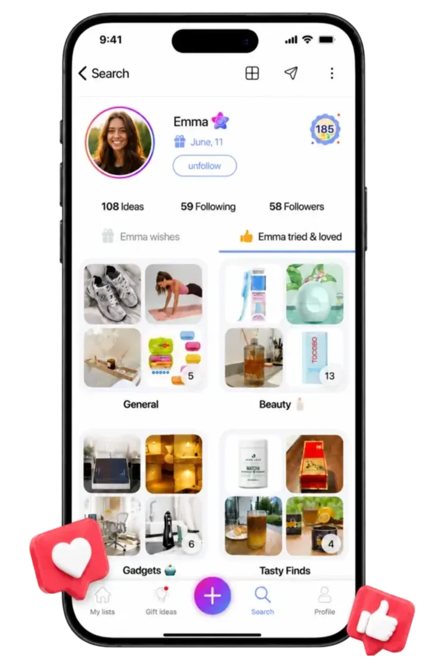 A WishDeck profile showing the Tried & Loved tab with recommended items grouped into General, Beauty, Gadgets and Tasty Finds