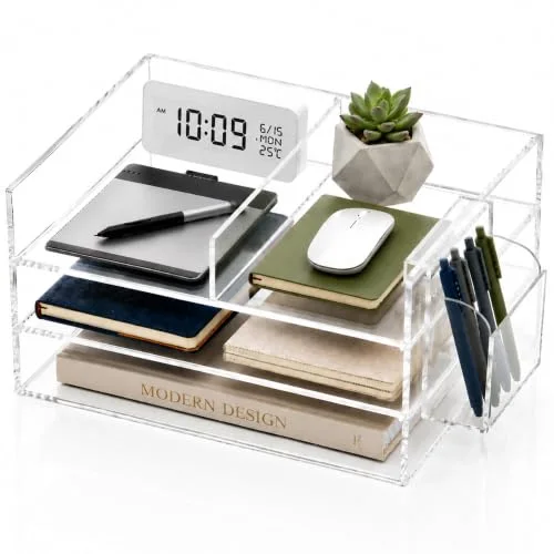 3-Tier Paper Tray Organizer & Pen Holder - Stackable Acrylic Desk Organizer