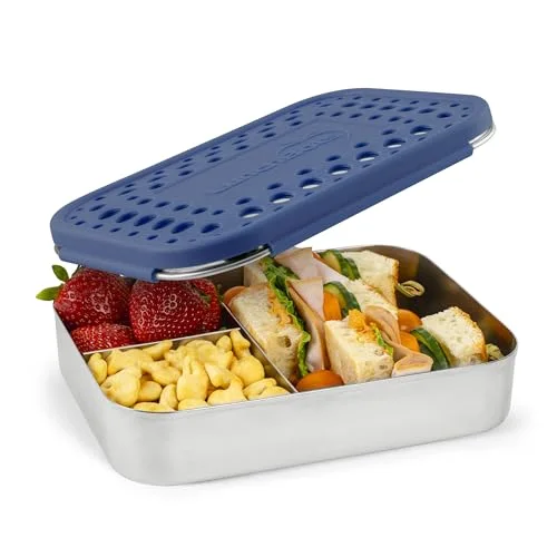 LunchBots Medium Trio Stainless Steel Kids Bento Box 3-Section Blue 32oz
