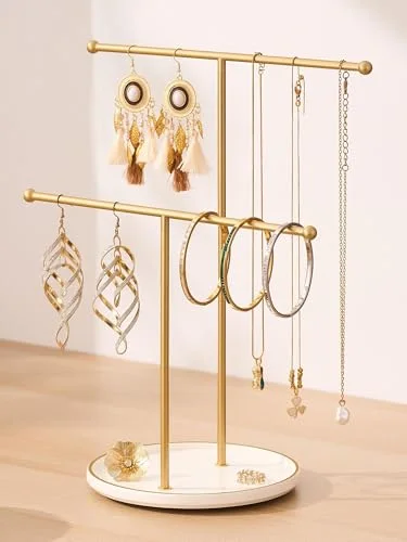 Jewelry Stand with Ceramic Tray (Gold)