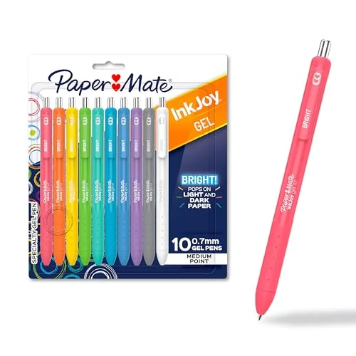 Paper Mate InkJoy Gel Bright Pens, Medium Point (0.7mm), Retractable, Assorted Brighter Colors, 10 Count - Colorful Office Supplies, Journaling, Doodling