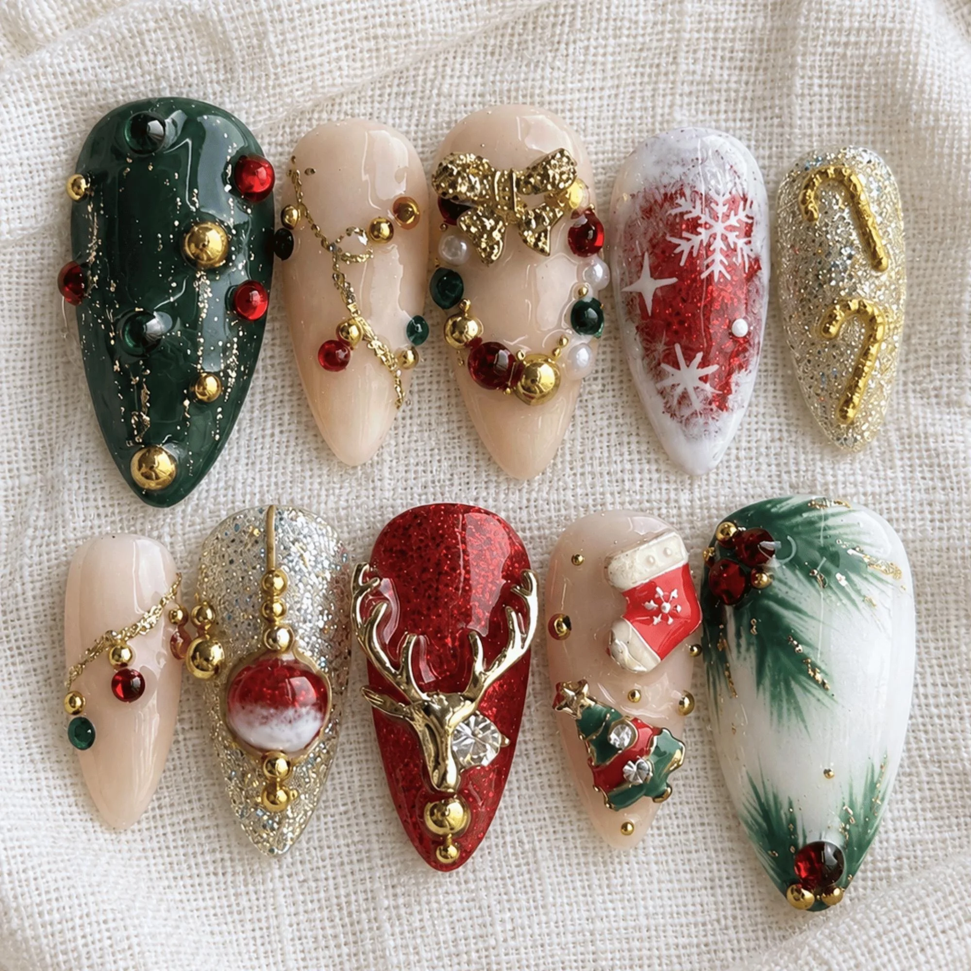 Vintage Christmas Press-On Nails, Red Green Gold (Etsy)